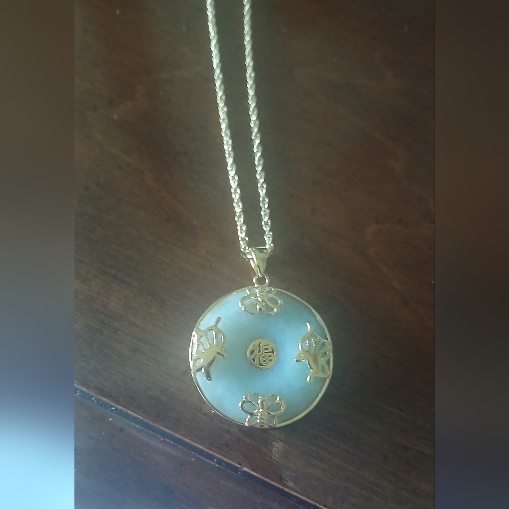 Sterling Silver Goltone Jade Pendant Necklace